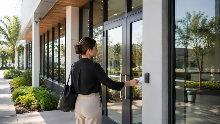 Commercial access-control reader installed beside an office entrance