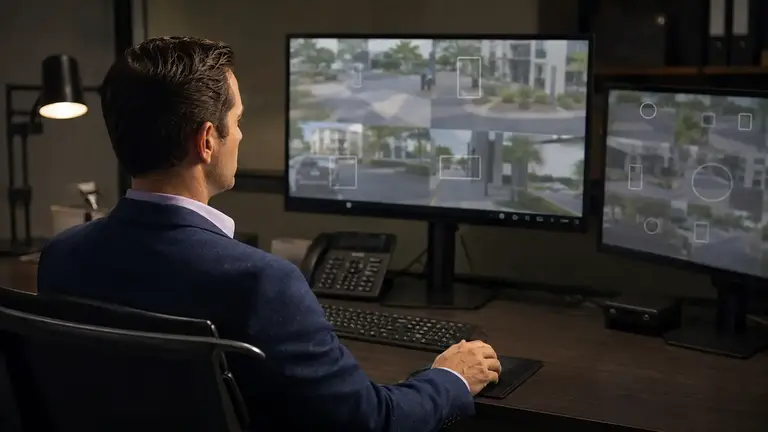 Commercial video analytics operator reviewing event zones across multiple camera views