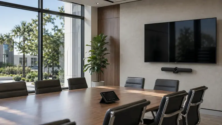 Commercial conference room with wall display, videoconference camera and meeting table