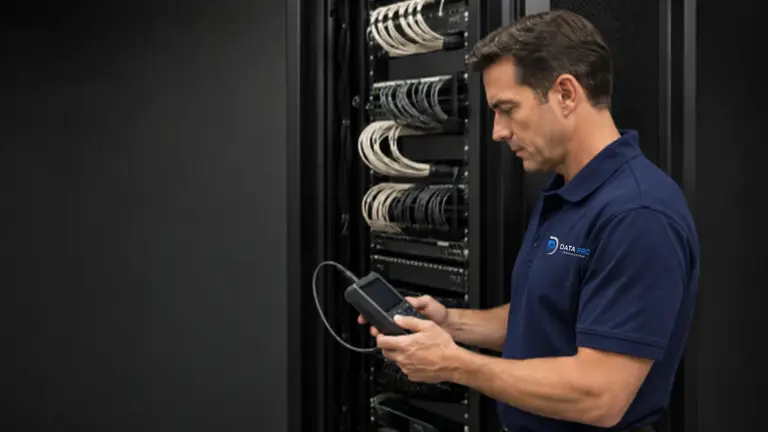 Technician testing commercial network cabling at an equipment rack