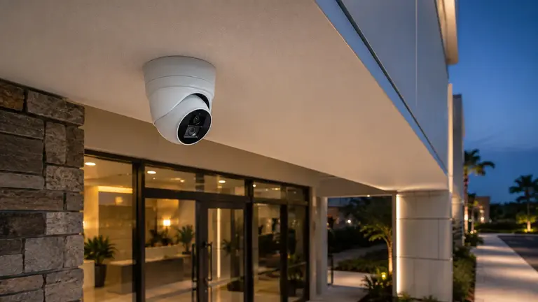 Professional turret camera installed beneath a commercial soffit