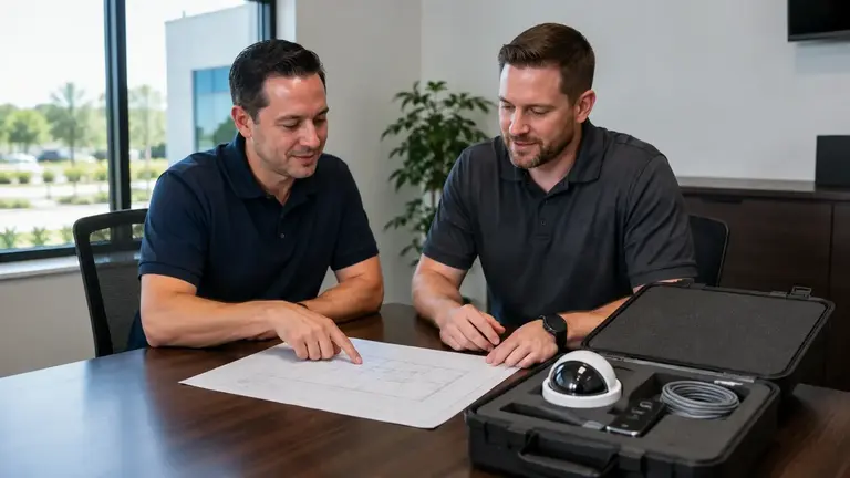 Low-voltage technicians reviewing a camera layout beside a protected demonstration kit