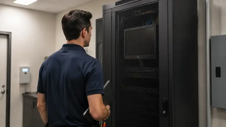 Technician reviewing recorder and rack equipment for an existing surveillance-system upgrade