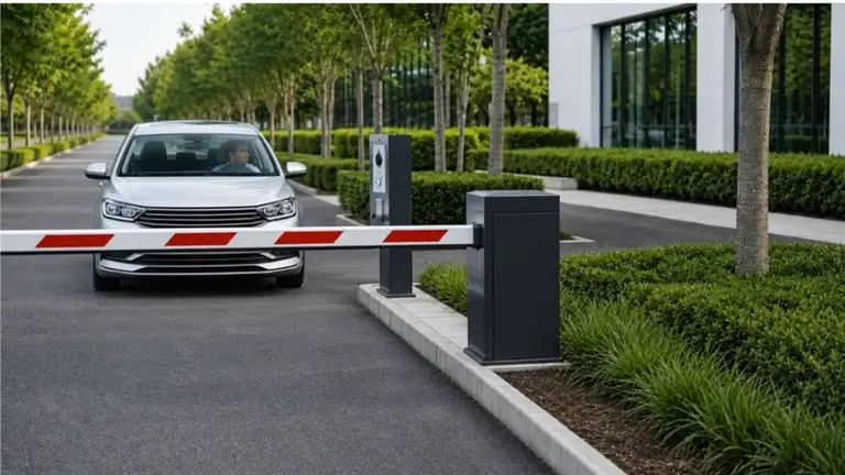 Driver stopped at a commercial barrier gate beside an entry intercom pedestal