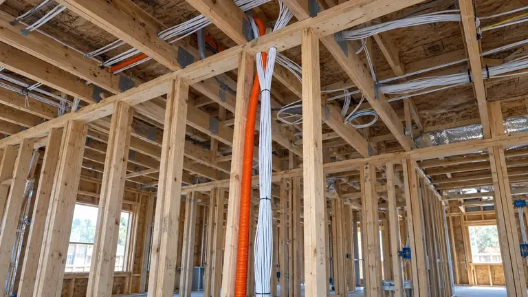 Low-voltage cabling routed through open framing during construction rough-in