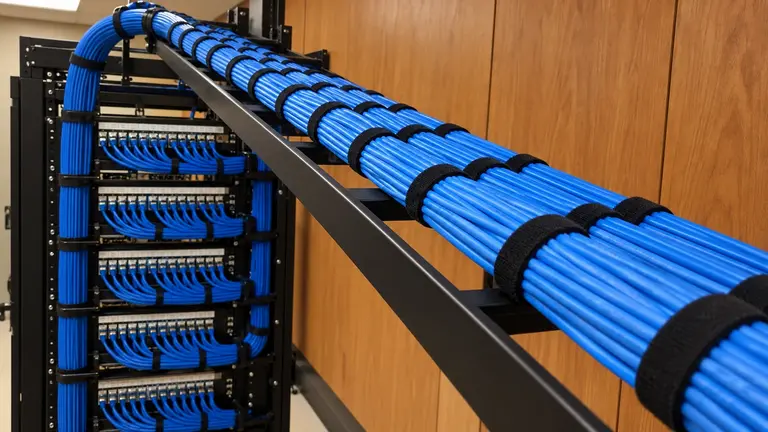 Structured cabling bundles secured to an overhead ladder rack and routed toward equipment