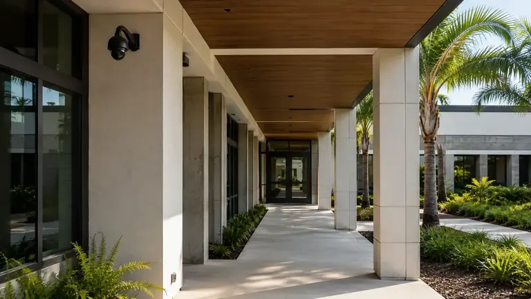 Covered institutional walkway with a visible exterior security camera near the entrance