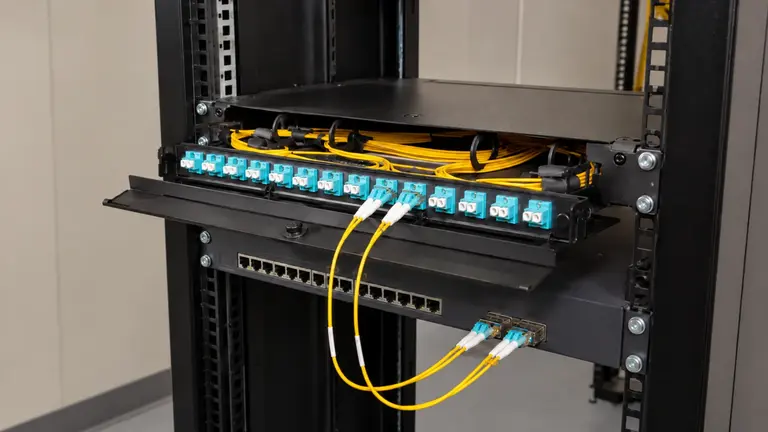 Rack-mounted fiber distribution panel with optical adapters and organized fiber patch cords