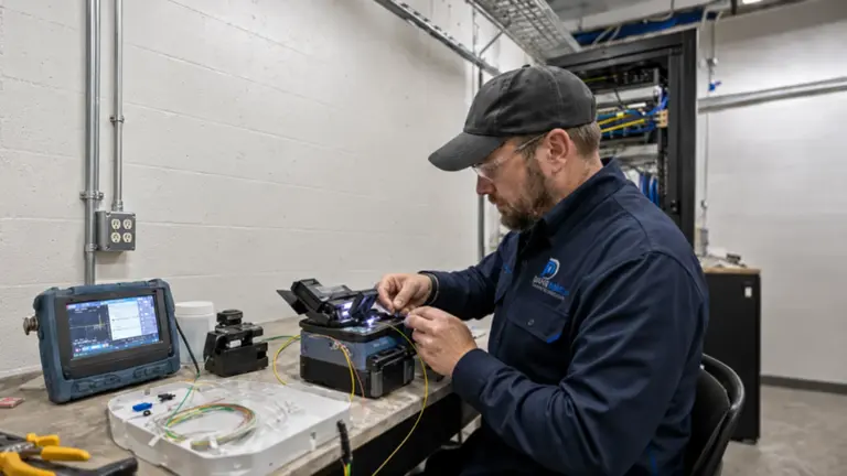 Data Pro technician splicing and testing color-coded fiber strands at a technical-room workbench
