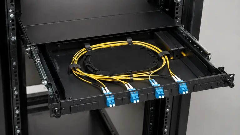Open rack-mounted fiber drawer with protected slack and optical adapters