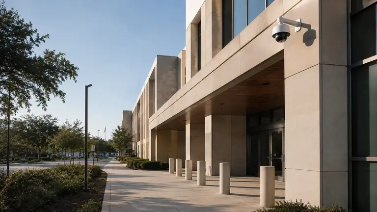 Public-service facility entrance with a clearly visible exterior security camera