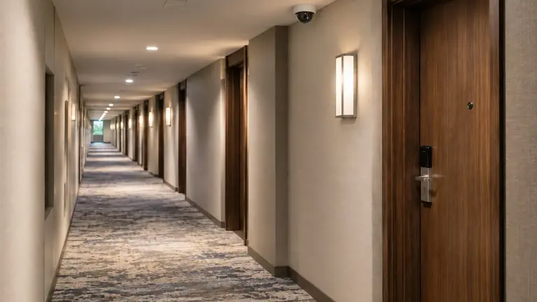 Hotel guest corridor with a ceiling camera and electronic room-door hardware