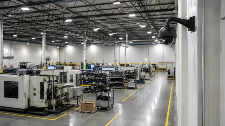 Industrial manufacturing floor with professional surveillance coverage