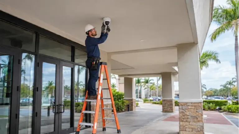 Technician installing a dome security camera beneath a commercial entrance