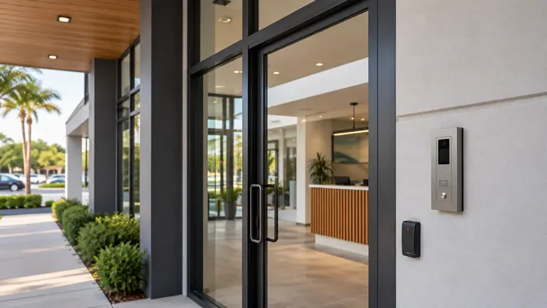 Commercial glass entrance with a wall-mounted video intercom and credential reader