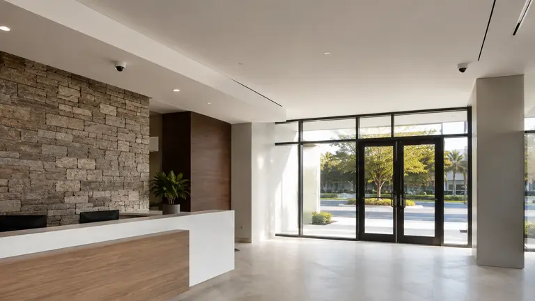 Commercial lobby with reception desk and ceiling-mounted security cameras