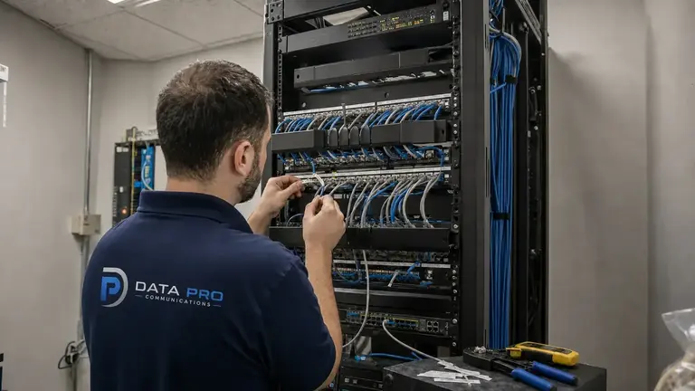 Data Pro technician servicing labeled network connections in an organized equipment rack