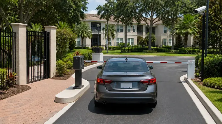 Multifamily vehicle entrance with barrier arm, intercom, pedestrian gate and camera coverage