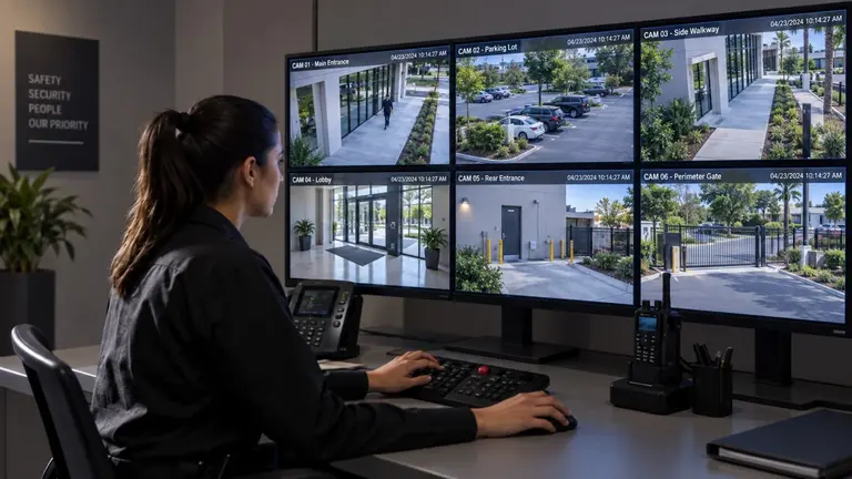Security operator monitoring multiple commercial CCTV views at a workstation