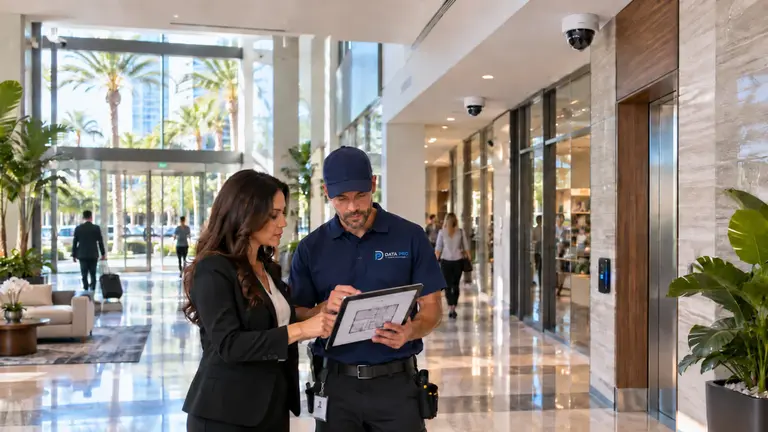 Technician reviewing a commercial lobby security plan with a property representative
