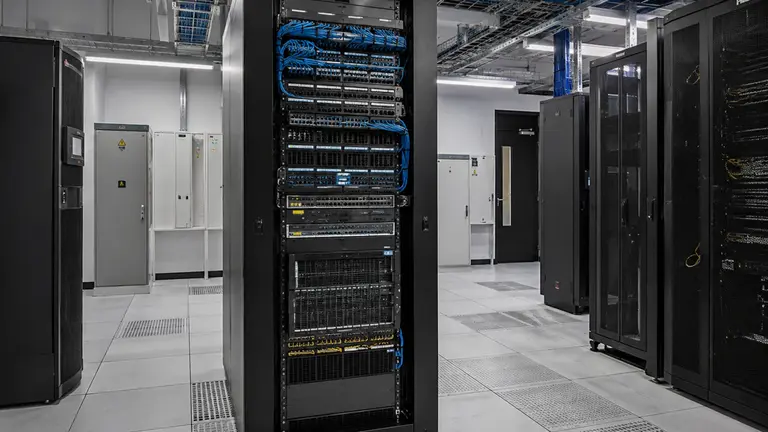 Commercial data-center rack with organized patch panels and cabling