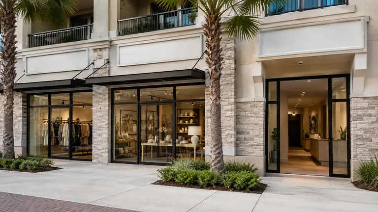 Retail storefronts and a separate commercial office entrance