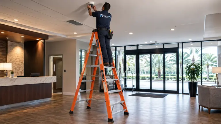 Data Pro technician safely installing a ceiling device from a secured platform ladder in a commercial lobby