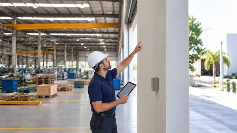 Commercial technician inspecting a camera position at an industrial entrance