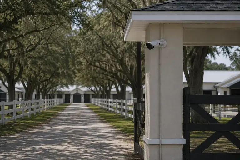 Security camera at a gated equestrian property with barns and fenced lanes