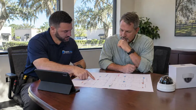 Data Pro technician reviewing a camera layout plan with a property manager at a conference table