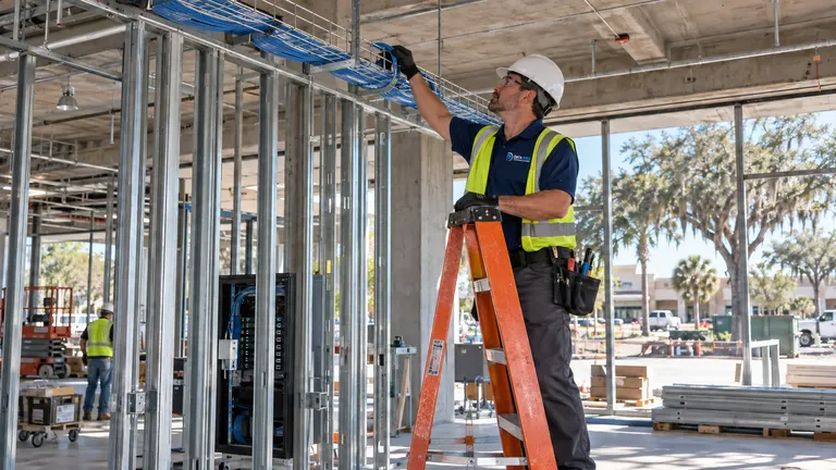 Data Pro technician on an orange ladder placing low-voltage cable in a basket tray inside a steel-stud commercial build-out