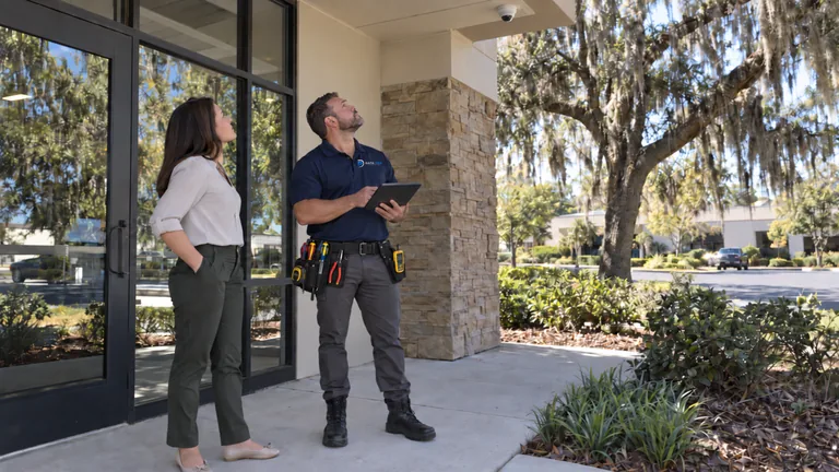 Data Pro technician walking a commercial property with the client during a site survey in Ocala