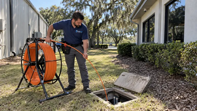 Data Pro technician feeding orange fiber innerduct into an underground pull box between a warehouse and an office building
