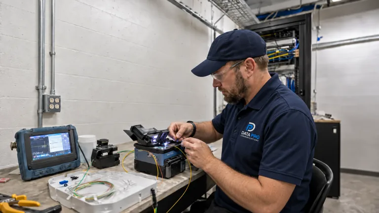 Data Pro technician in a navy logo polo splicing and testing color-coded fiber strands at a technical-room workbench
