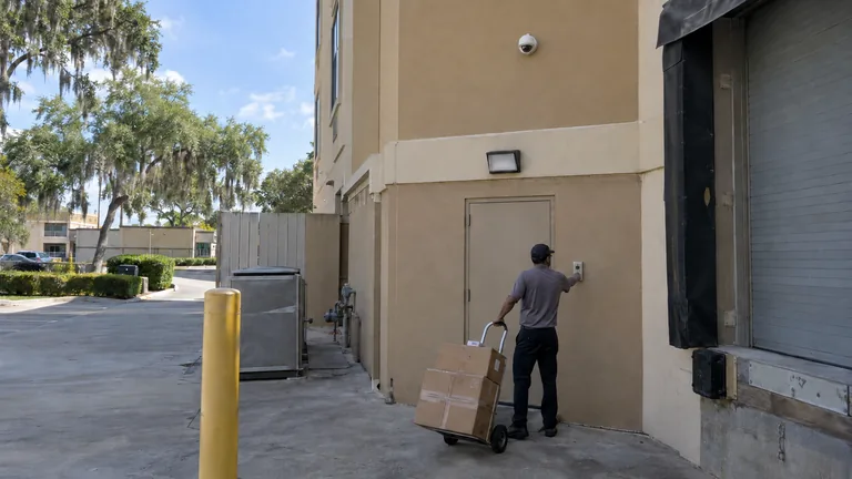 Hotel service entrance in Ocala with a delivery at the staff door, video intercom and a dome camera high on the wall