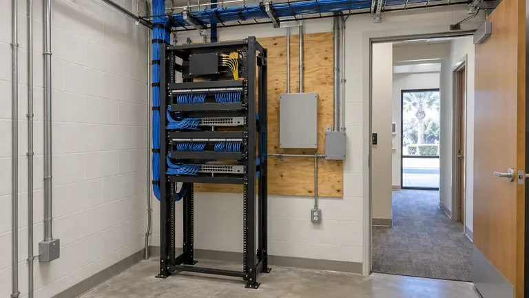 Commercial telecom room with a two-post rack, PoE switches, patch panels and cable arriving from an overhead ladder tray