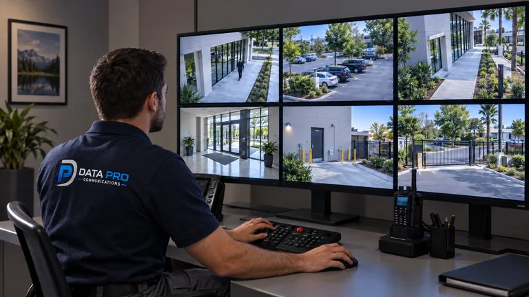Data Pro technician reviewing multiple commercial camera views at a network video recorder workstation