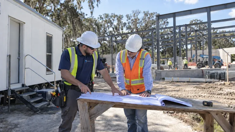 Data Pro technician and a site superintendent reviewing low-voltage plans at an active commercial jobsite in Ocala