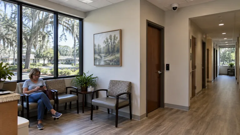 Medical office lobby with a security camera and a card reader at the staff door
