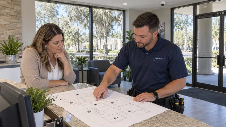 Data Pro technician reviewing a floor plan with camera locations with a property manager in a commercial office lobby