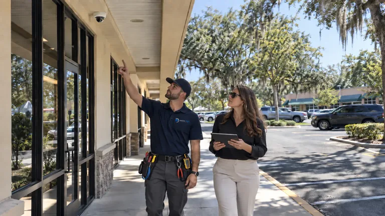 Data Pro technician walking a commercial property with the property manager and pointing out a soffit-mounted camera