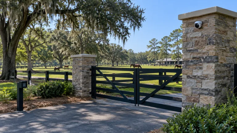 Security camera at a gated equestrian property with barns and fenced lanes