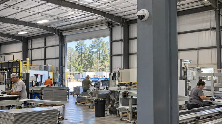 Industrial manufacturing floor with professional surveillance coverage