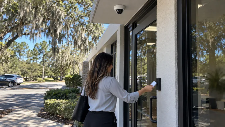 Employee presenting a badge to a card reader at an office entrance with a dome camera under the canopy