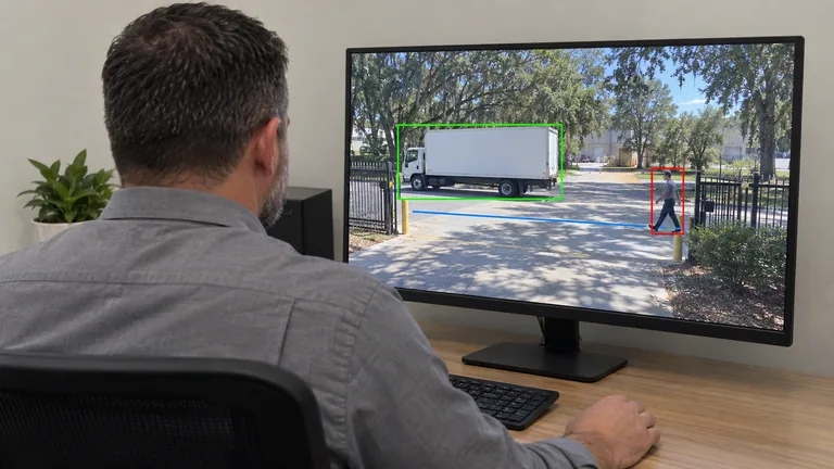 Client operator reviewing a video-analytics screen with a virtual tripwire across a truck-yard gate and person and vehicle detections