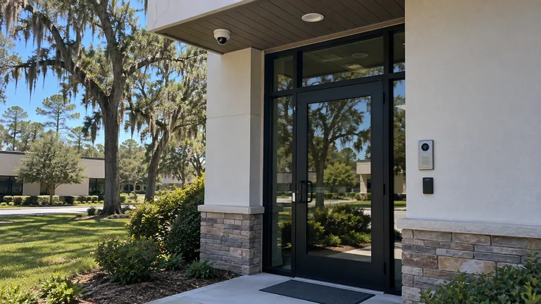 Commercial glass entrance with a wall-mounted video intercom, card reader and a dome camera under the canopy