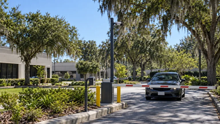 Pole-mounted license plate camera watching a controlled commercial gate lane under live oaks in Ocala
