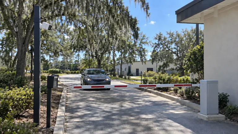Straight vehicle entry lane with a dedicated license-plate camera positioned ahead of the gate arm