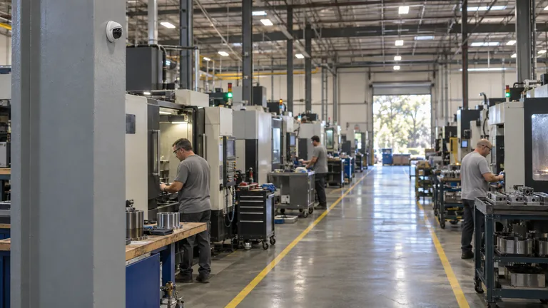Manufacturing plant floor with CNC machines and a dome camera mounted flush on a steel column over the aisle