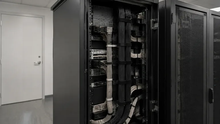 Commercial network and structured-cabling equipment organized inside a dedicated technical room